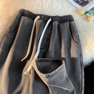 Shelley Jones牛仔褲子女春夏季新款女裝松緊腰ins寬松直筒闊腿褲女生休閑長(cháng)褲 黑灰加絨 L