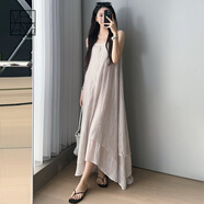 美洋（MEIYANG）銀河連衣裙褶皺海島緞清冷仙氣不規則可調節吊帶裙休閑時(shí)尚裙子女 米灰色（長(cháng)版） M