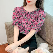 月袖碎花雪紡衫女2022夏季新款時尚別致露肩一字領(lǐng)上衣洋氣小衫潮 紅色 L 建議100-120斤