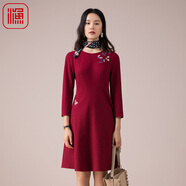 漁牌秋冬裝2022年新款女裝針織毛呢國(guó)風(fēng)繡花修身連衣裙女FGED0031 番茄紅 S