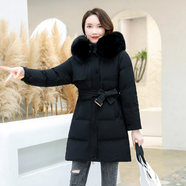 焦碧薈雅廘羽絨服女裝 中長款羽絨服長袖韓版 連帽大毛領(lǐng)冬季外套羽絨衣 黑色 M適合110-125斤