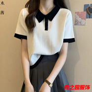 范哲莎夏裝女士新款上衣服短袖顯瘦寬松T恤2022女裝正肩法式POLO領(lǐng)原宿 白色款 M 適合86-105斤