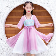 卡瓦拉女童連衣裙中大兒童中國風(fēng)漢服紗裙子夏裝2022飄逸公主裙韓版小女孩短袖仙氣泡泡袖刺繡甜美蓬蓬裙 淡紫色絲帶款 130碼（建議身高125cm）