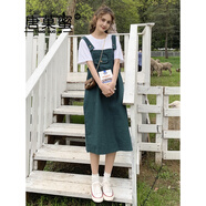 唐菓蜜牛仔背帶裙女2024夏季新款女裝韓版學(xué)生顯瘦森系洋氣減齡連衣裙子 綠色背帶裙 S