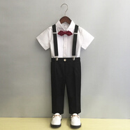 GOKU男童禮服主持人帥氣兒童小西裝套裝花童背帶褲英倫男孩鋼琴演出服 黑色褲子+襯衫+背帶領(lǐng)結 130