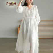 子牧棉麻春秋 女百搭寬松中長(cháng)款蕾絲鏤空拼接兩件連衣裙6586清49 白色 L(建議80-115斤)