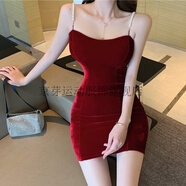 京芽性感夜店修身顯瘦絲絨珍珠吊帶短裙抹胸宴會(huì )禮服連衣裙女 酒紅色 均碼