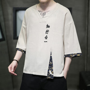 管先生國風(fēng)大賞男亞麻七分袖t恤復古V領(lǐng)刺繡棉麻T(mén)恤寬松大碼薄苧麻小衫 YM611米色 L