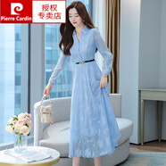 皮爾卡丹時尚氣質(zhì)長袖連衣裙春秋2024年新款女早春夏名媛感氣質(zhì)雪紡長裙子 淺藍色 L