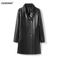 秋冬新款 GNDNN真皮皮衣女中長(cháng)款雙排扣真皮風(fēng)衣220斤歐美時(shí)尚顯瘦220斤寬松休閑綿羊皮女裝外套 黑色 M