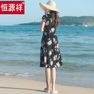 恒源祥高端棉綢連衣裙年輕外穿女夏裝時(shí)尚人造棉碎花泰國海邊度假沙灘裙 黑底菊花 L