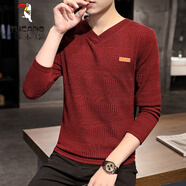 啄木鳥(niǎo)（TUCANO）v領(lǐng)長(cháng)袖t恤男士春秋季針織內搭打底衫百搭秋衣潮流秋裝上衣服 T8809酒紅色 XL