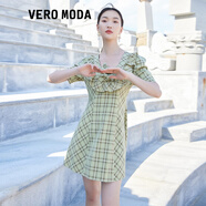 VEROMODA女裝新款荷葉邊領(lǐng)A字?jǐn)[泡泡袖格紋連衣