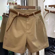 子牧棉麻夏裝 女韓版百搭工裝短褲寬松闊腿休閑短褲8883 卡其色 M(建議95-105斤)