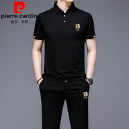 皮爾卡丹（pierre cardin）品牌男裝短袖T恤套裝歐貨刺繡純棉T恤衫長褲運(yùn)動(dòng)休閑兩件套 504黑色套裝 165碼