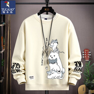 啄木鳥(niǎo)純棉衛衣男重磅春秋新款長(cháng)袖t恤潮青少年冬季加絨衣服寬松打底衫 （小貓  米色） 春秋款 常規 XL 125-145斤