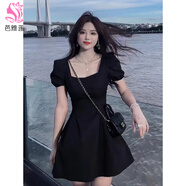 芭雅蓮法式赫本風(fēng)泡泡袖黑色連衣裙女夏天方領(lǐng)收腰傘裙小黑裙子2025新款 黑色 2XL （125-135斤）