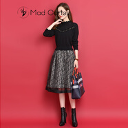 Mad Cortes 輕奢2025春季半高領(lǐng)拼接羊毛修身打底連衣裙女內(nèi)搭收腰顯瘦套裝 黑色 M 建議95-110斤
