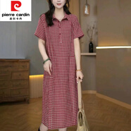 皮爾卡丹（pierre cardin）大|碼格子polo領(lǐng)短袖襯衫連衣裙女士夏季寬松顯瘦減齡休閑直筒裙 紅色 3XL 【建議140-160斤】