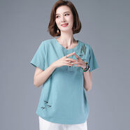 棉麻T恤女夏季年輕媽m短袖上衣高端體恤中年女士民族風衣服 天藍色 【版】 2XL 【建議125-135斤】