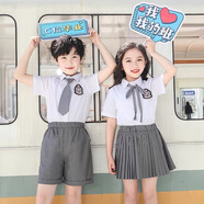 芯時(shí)代團體服夏裝班服襯衫短袖幼兒園園服畢業(yè)照兒童學(xué)院風(fēng)套裝小學(xué)生襯 2103灰色女生套裝 160碼