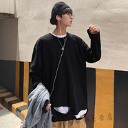 胖子大碼230斤破洞長袖T恤男加肥加大碼潮酷胖子寬松圓領(lǐng)秋裝薄款體打底衫街頭200斤男裝潮 黑色 L 105-115斤