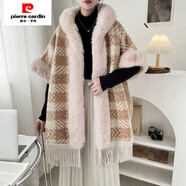 皮爾卡丹（pierre cardin）大碼秋冬帶帽毛絨斗篷披肩連帽加絨格子加厚流蘇外套毛領(lǐng)大衣 卡其斜格