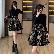 JPN香港潮牌假兩件碎花連衣裙女2024秋冬新款小個(gè)子收腰顯瘦氣質(zhì)裙子 黑色 2XL