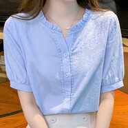 名崢出口襯衫女大品牌2024夏季新款時尚短袖裝別致時髦上衣減齡洋氣全 藍色 L 建議106-115