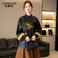 古赫倫（GUHELUN）品牌真皮皮衣女復古繡花外套2024春秋新款新中式國風(fēng)綿羊皮上衣 黑色 L 100---130斤
