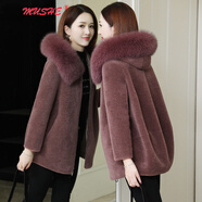慕舍（mushe）原創(chuàng  )輕奢品牌 海寧皮草外套羊剪絨女中長(cháng)款新款狐貍毛領(lǐng)羊毛大衣 楊梅紫 L 建議125-140斤
