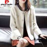皮爾卡丹氣質(zhì)小香風(fēng)仿貂絨短外套女裝春秋裝新款韓版時(shí)尚針織開(kāi)衫上衣 米白色 XL