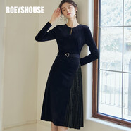 ROEYSHOUSE羅衣優(yōu)雅黑色絲絨連衣裙女冬裝新款系帶拼接a擺中長裙07516 黑色 2XL