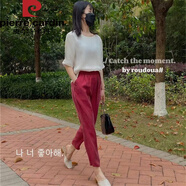 皮爾卡丹2025重磅銅氨絲女褲夏季小腳褲九分休閑褲大I碼時尚雪紡哈倫褲 酒紅色九分 XL 110-120