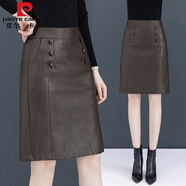 皮爾卡丹（pierre cardin）海寧真皮新款女皮裙半身裙綿羊皮中長款過膝高腰裙顯瘦a字裙秋冬 609#咖色 S 26