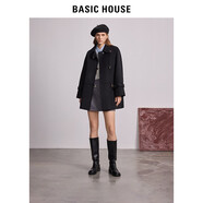 BASIC HOUSE/百家好2024秋季新款黑色羊毛大衣氣質(zhì)赫本風(fēng)中長款百搭毛呢外套 黑色 M
