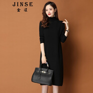 金澀 高領(lǐng)羊毛針織連衣裙女中長(cháng)款 毛衣女秋冬款加厚羊毛針織衫毛衣裙 黑色 3XL