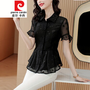皮爾卡丹（pierre cardin）雪紡衫女夏季2024襯衫短袖職業(yè)襯衣氣質(zhì)上衣百搭顯瘦裙擺小衫針織 黑色 M
