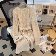 拉夏貝爾（La Chapelle）慵懶風(fēng)秋冬中長款毛衣連衣裙寬大碼松系帶收腰針織衫打底裙上衣女 純100自動發(fā)熱花杏色【高加 厚】 純100自動發(fā)熱XL 115-125斤