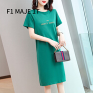 F1MAJE1T 高端設計師品牌連衣裙T恤裙女夏棉長(cháng)款短袖過(guò)膝圓領(lǐng)寬松顯瘦休閑 8822款綠色 S 【90-100】建議體重