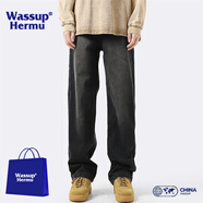 WASSUP HERMU官方復古牛仔褲男女春夏季美式寬松高街直筒水洗做舊男士休閑褲子 黑灰色 XL （推薦145-160斤）