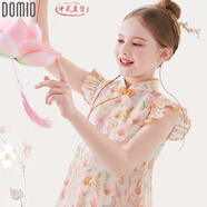 多妙屋女童連衣裙純棉夏裝兒童新中式旗袍裙子大童國風(fēng)裙 W011粉橘 150 