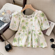 詩(shī)蒂淑法式方領(lǐng)碎花短袖泡泡袖上衣女襯衫夏季雪紡衫收腰娃娃衫襯衣2025 綠花 L （105-115斤）