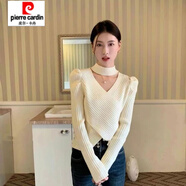 皮爾卡丹（pierre cardin）奶白色修身泡泡袖毛衣打底衫純欲交叉設(shè)計(jì)感短款V領(lǐng)掛脖針織衫 杏色 S