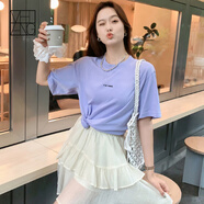 美洋（MEIYANG）簡(jiǎn)愛(ài)T撞色字母刺繡圓領(lǐng)休閑百搭寬松短袖上衣時(shí)尚短t新款短袖T恤 紫色（短版） S