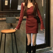 蓉月閣2024新款御姐女裝小媽裙紅色圣誕連衣裙秋冬季打底配大衣包臀短裙 酒紅色/AYK 【圣誕禮袍/秒發(fā)】 XS 建議【70-80斤】