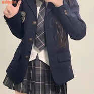 藏顏春秋冬季日系jk制服西裝外套女學(xué)院風(fēng)校供感套黑色西服學(xué)生上衣 藏青西裝外套+襯衫+百褶裙+領(lǐng)帶【三件套】 S 建議90斤內(nèi)