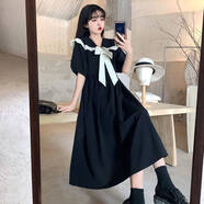 索宛亦（SUOWANYI）娃娃領(lǐng)連衣裙少女夏裝2021年新款初中高中學(xué)生韓版寬松日系長(cháng)裙 黑色 L