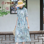 子牧棉麻春裝 女時(shí)尚娃娃領(lǐng)碎花百搭連衣裙收腰大擺長(cháng)裙9714清45 淺藍色 XXL(建議135-145斤)