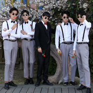 冬逸伴郎服西式兄弟裝男結(jié)婚團(tuán)服裝西裝外套襯衫馬甲三件套裝禮服春季 黑背帶+白長(zhǎng)袖+灰褲+領(lǐng)結(jié) 2XL